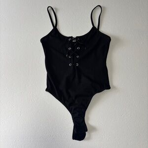 Pretty Little Thing Front Lace Up Black Thing Bodysuit